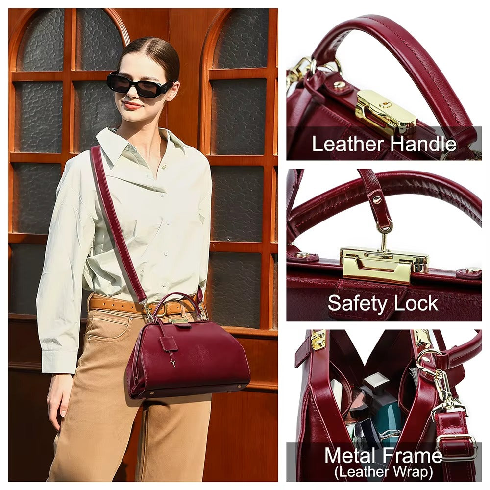 Handmade Full Grain Leather Crossbody Doctor Bag, Vintage Women’s Work Handbag