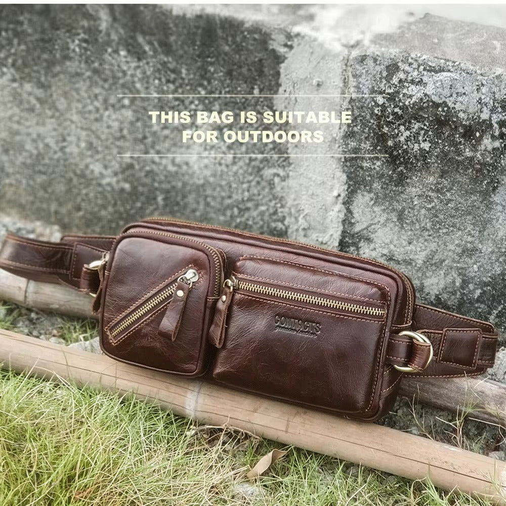 Handmade Genuine Leather Fanny Pack for Men, Multi-Zipper Crossbody Chest & Waist Bag