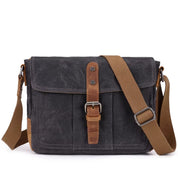 Men's Dark Grey and Brown Leather-Buckle Canvas Messenger Bag — Kilby