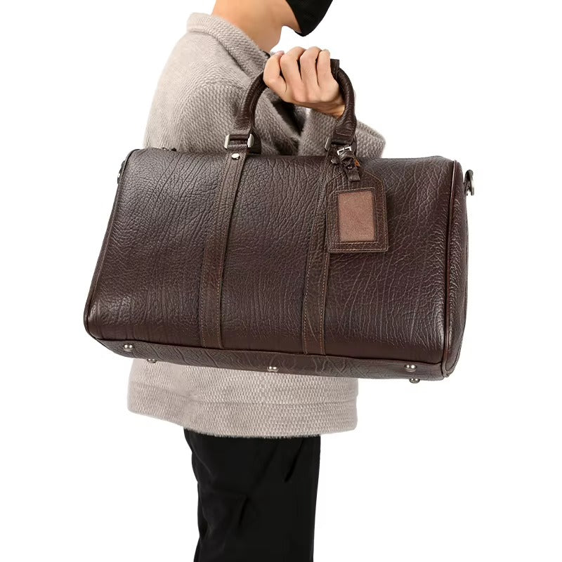 Men's Dark Brown Pebbled Leather Duffel Bag — Benington