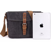 Men's Dark Grey and Brown Leather-Buckle Canvas Messenger Bag — Kilby