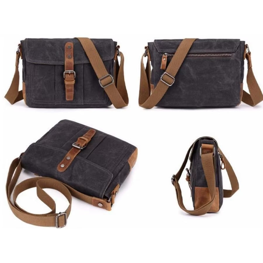 Men's Dark Grey and Brown Leather-Buckle Canvas Messenger Bag — Kilby