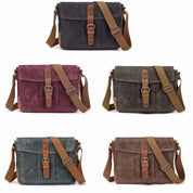 Men's Dark Grey and Brown Leather-Buckle Canvas Messenger Bag — Kilby