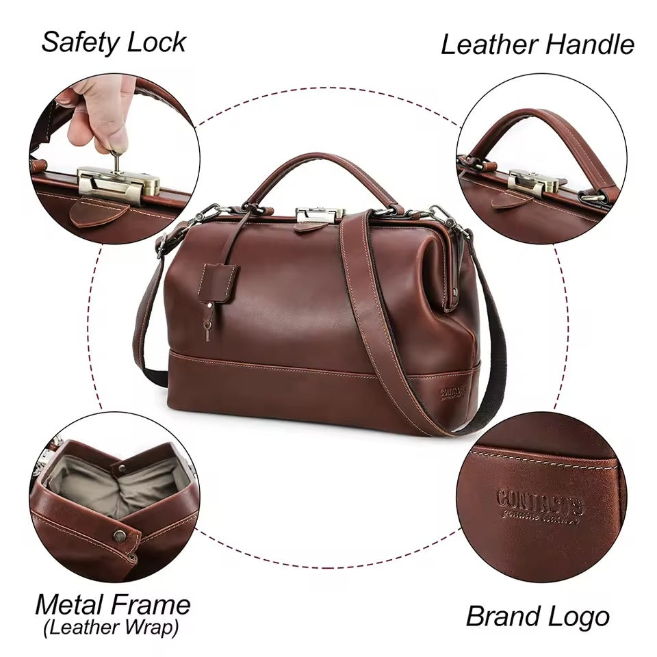 Full Grain Leather Work Handbag for Women with Lockable Frame