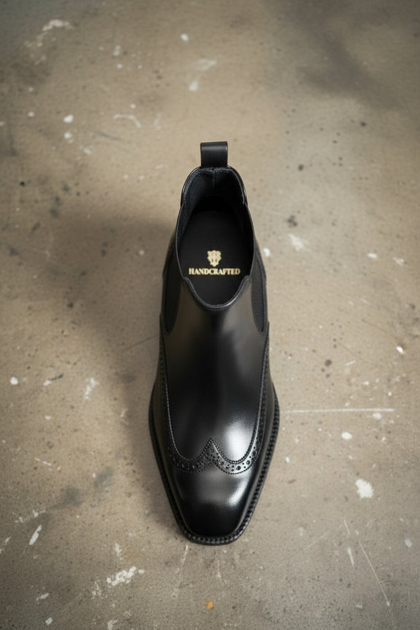 Handmade Black Wingtip Chelsea Boots - Men's Ankle Boots