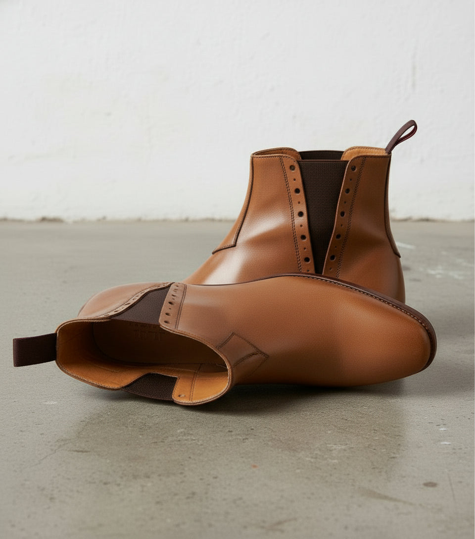 Handmade Men Tan Color Chelsea Brogue Ankle Boots, Ankle Leather Boots