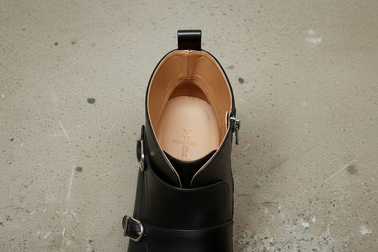 Handcrafted Men's Black Double Monk Ankle Boots with Side Zipper