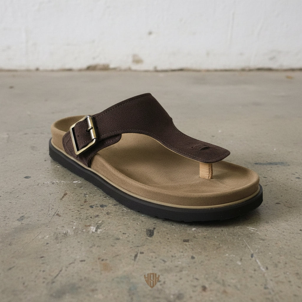 Men's Dark Brown Suede T-Strap Sandals — Eastmere