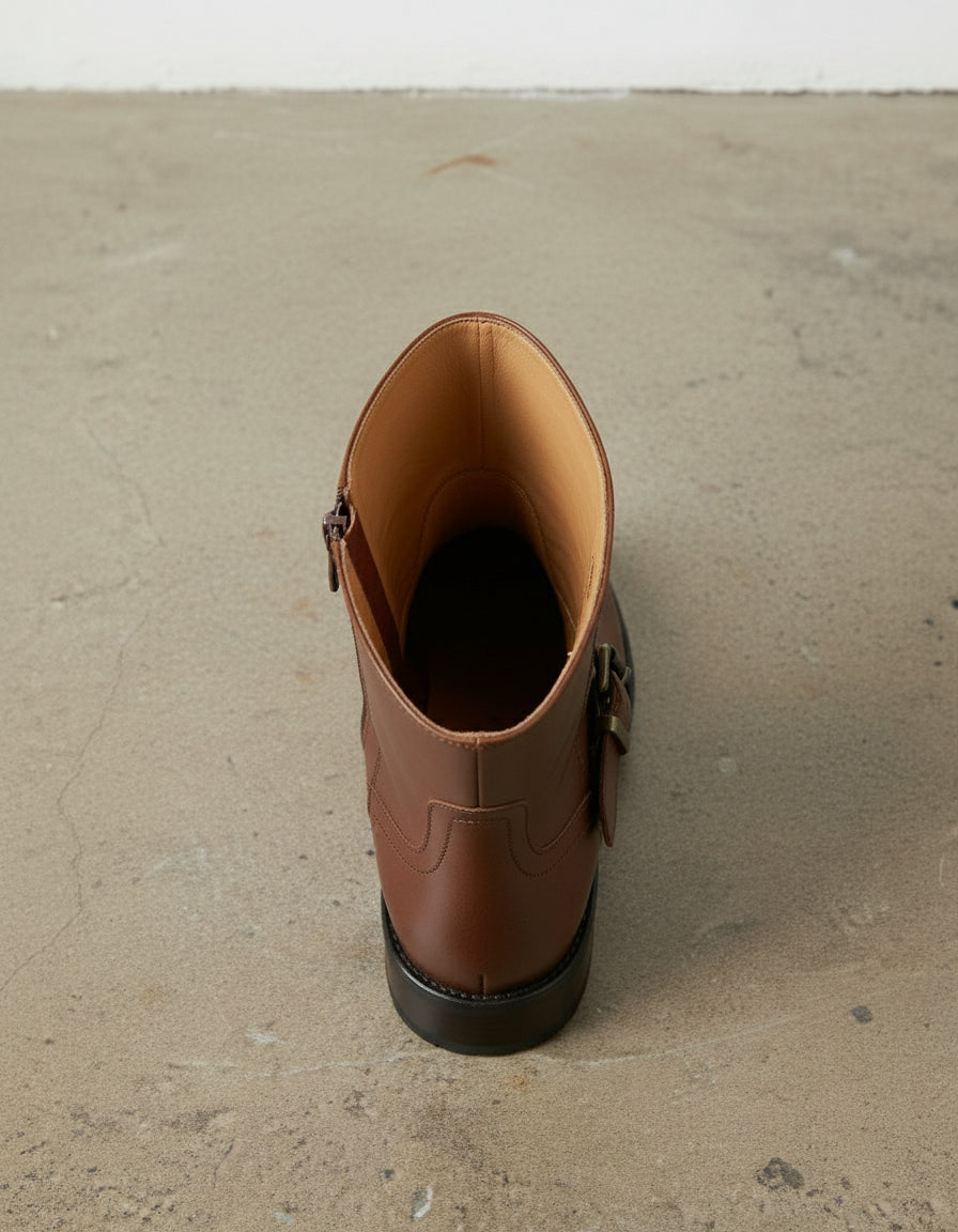 interior-view - Women's Handmade Cognac Brown Leather Ankle Boots, The Artisan Moto / Harness Boot