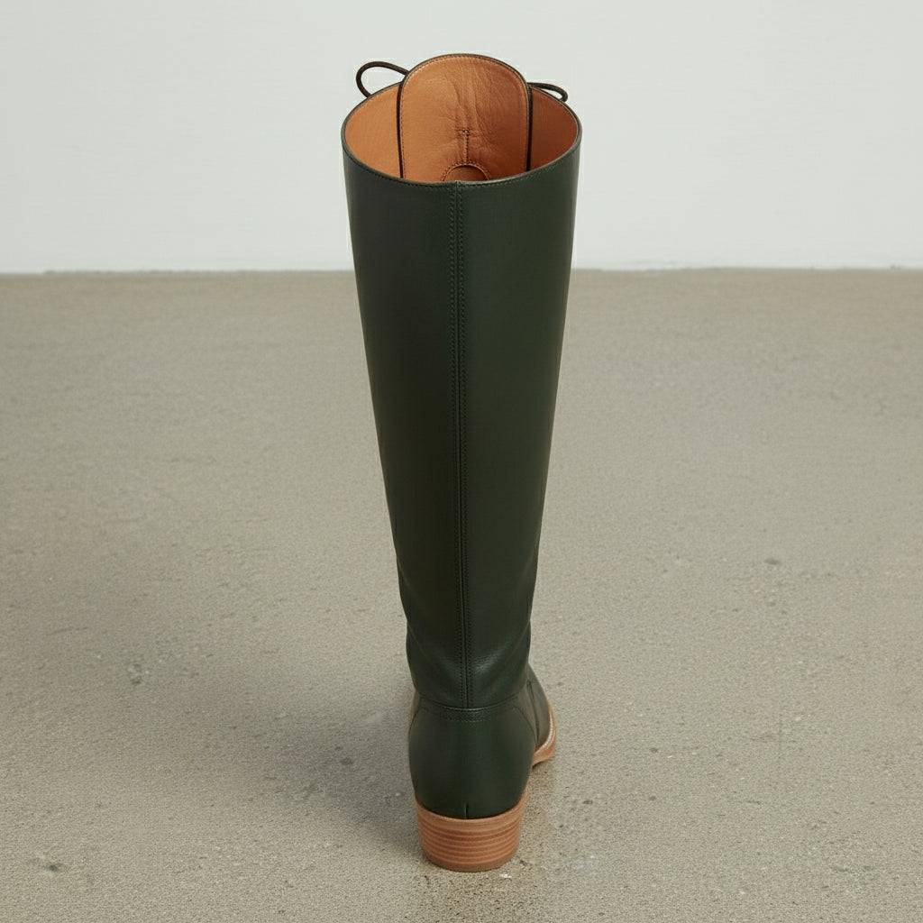 interior-view - Women's Handmade Dark Green Knee-High Lace-Up Boots, Leather Laced Boot