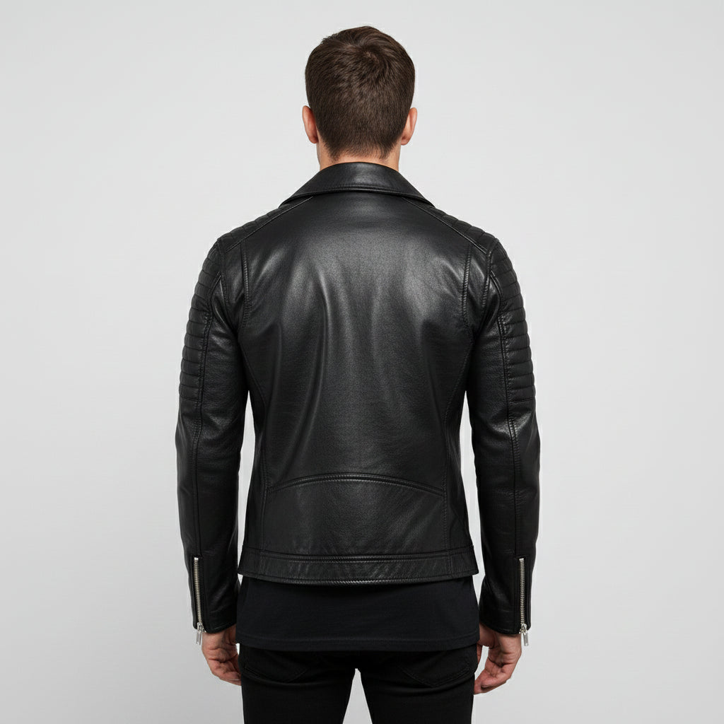 Handmade Men Black Leather Slim Fit Biker Jacket, Men Leather Outerwear for Racers