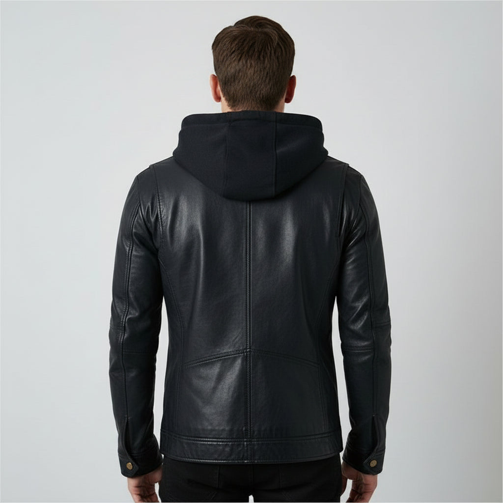 Handmade Biker Motorcycle Winter Hooded Leather Jacket, Men Hooded Jacket