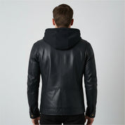 Handmade Biker Motorcycle Winter Hooded Leather Jacket, Men Hooded Jacket