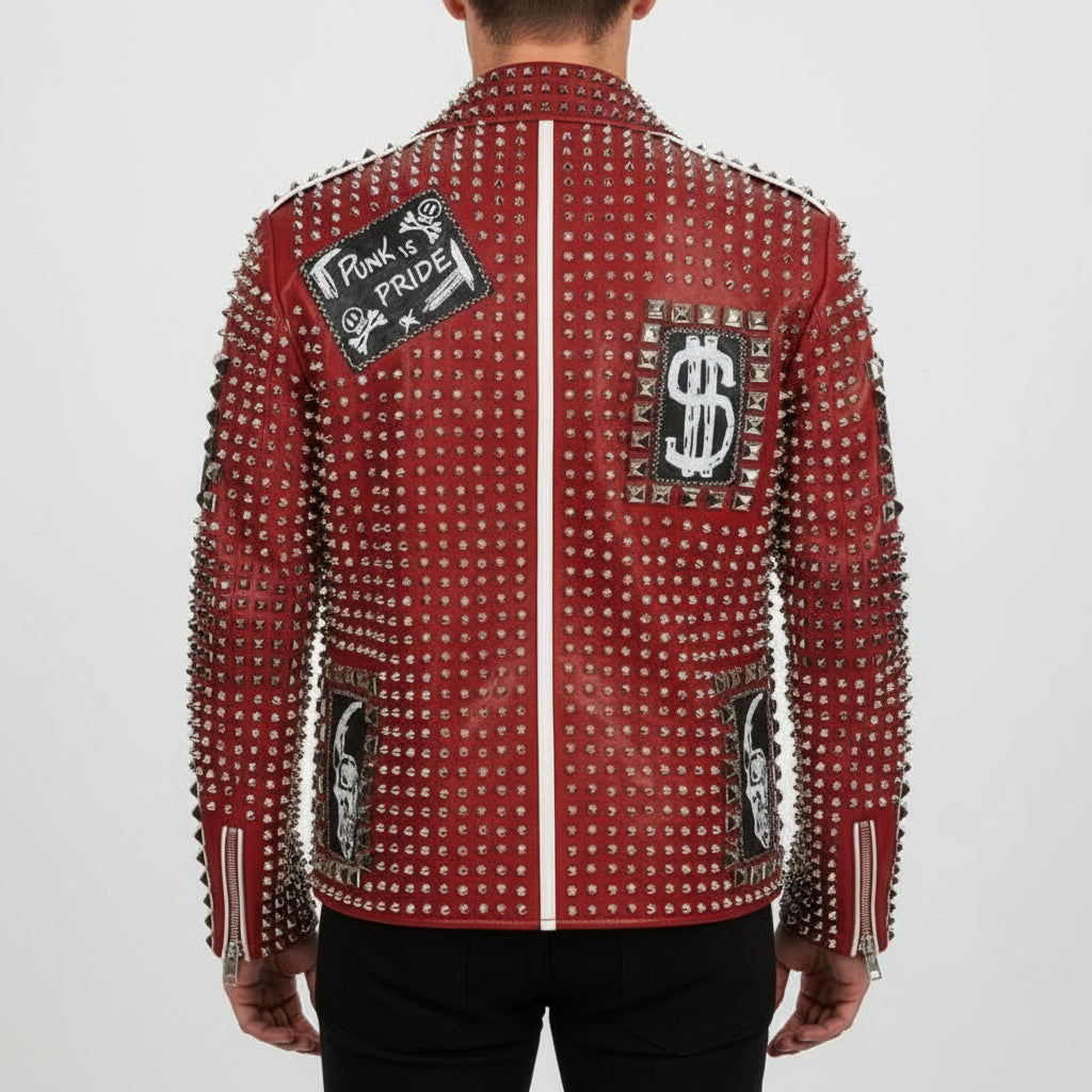 Men's Handmade Multicolor Diamond Studded Brando Retro Motorcycle Rock Punk Jacket