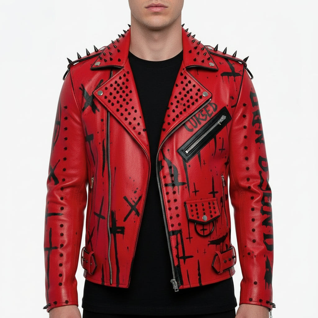 Handmade Red Sinner Leather Jacket, Men Punk Style Fashion Jacket