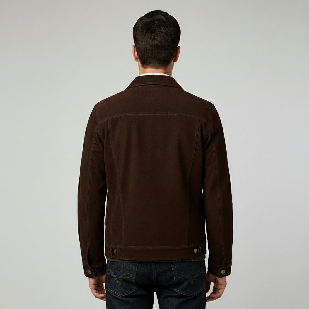 Men's Handmade Brown Suede Trucker Jacket with Classic Shirt Collar