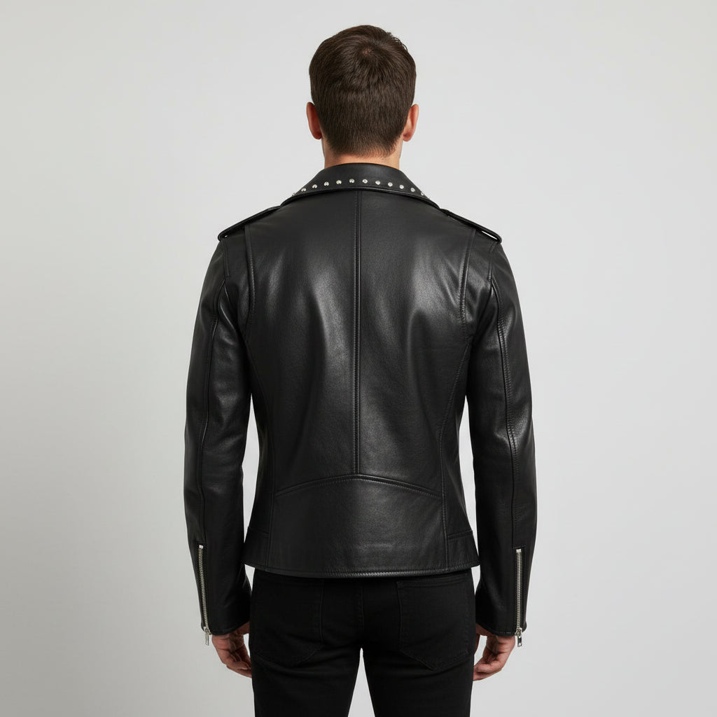 Handmade Fashion Leather Silver Studded Real Soft Leather Biker Style Jacket for Men
