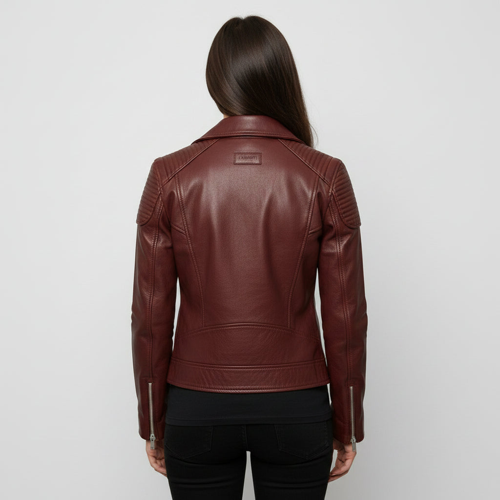 Women's Handmade Biker Maroon Leather Jacket with Zipper Closure