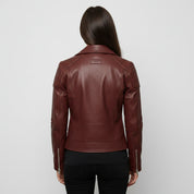 Women's Handmade Biker Maroon Leather Jacket with Zipper Closure