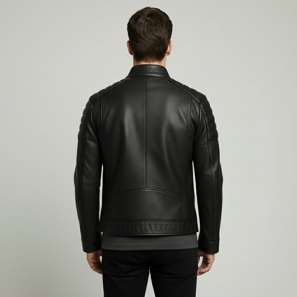 Handmade Men Black Sheep Leather Jacket, Stand Collar Motorcycle Jacket