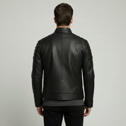 Handmade Men Black Sheep Leather Jacket, Stand Collar Motorcycle Jacket