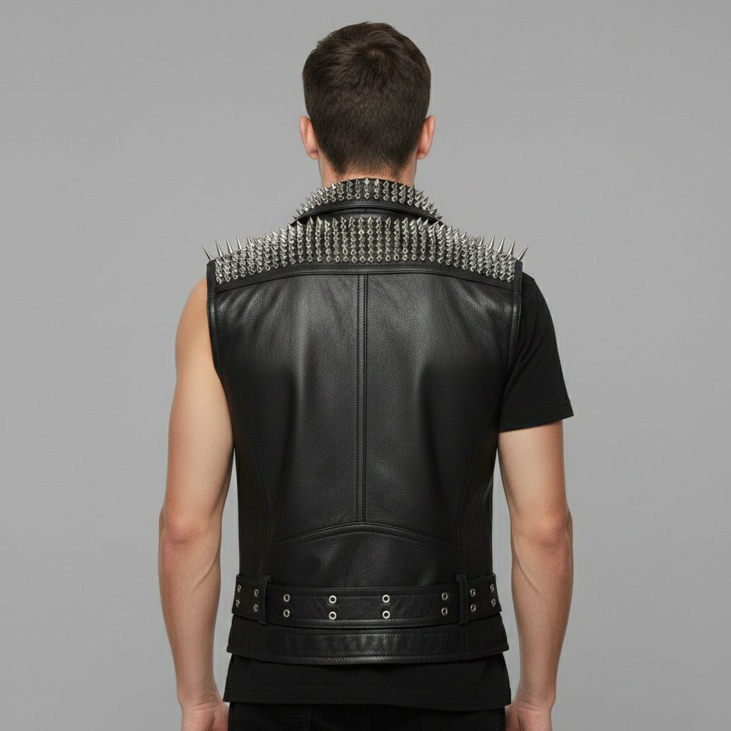Handmade Men Rock Punk Style Belted Leather Vest, Biker Studded Jacket