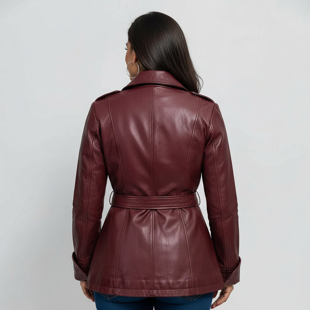 Women's Gothic Ox Blood Dyed Leather Jacket, Women's Stylish Leather Trench Coat