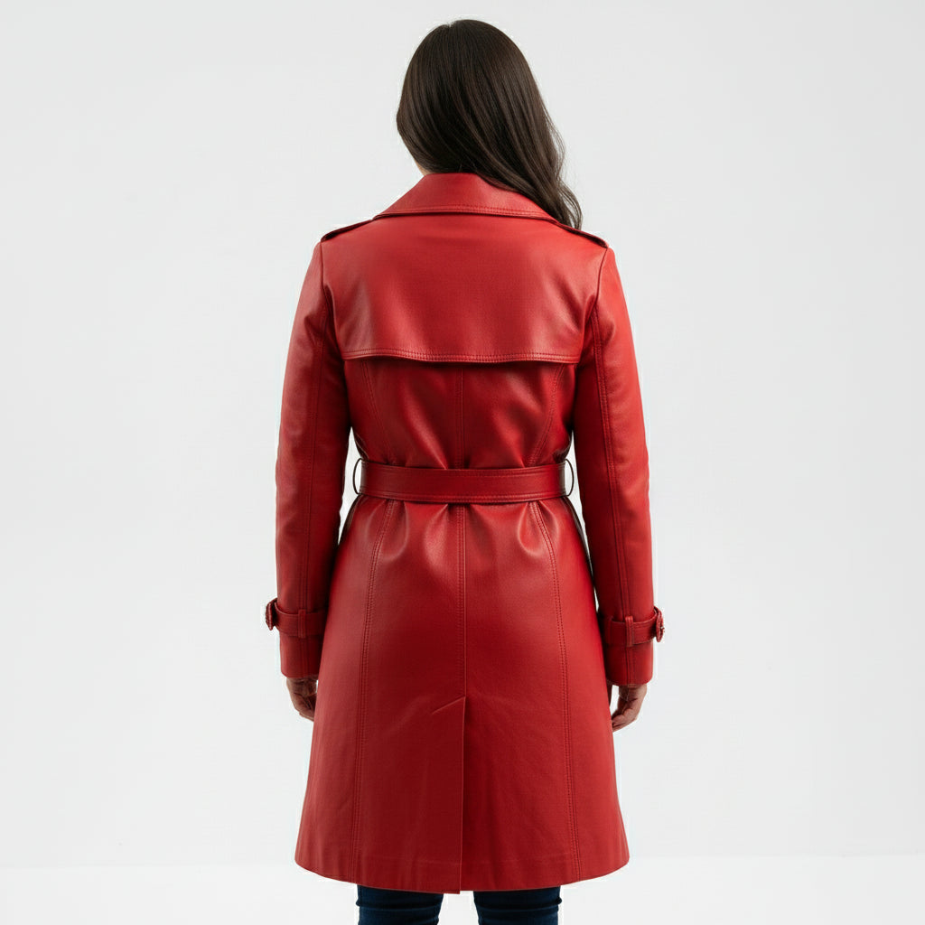 Luxurious Women's Long Fire Red Steampunk Jacket, Premium Lambskin Leather Trench Coat for Women
