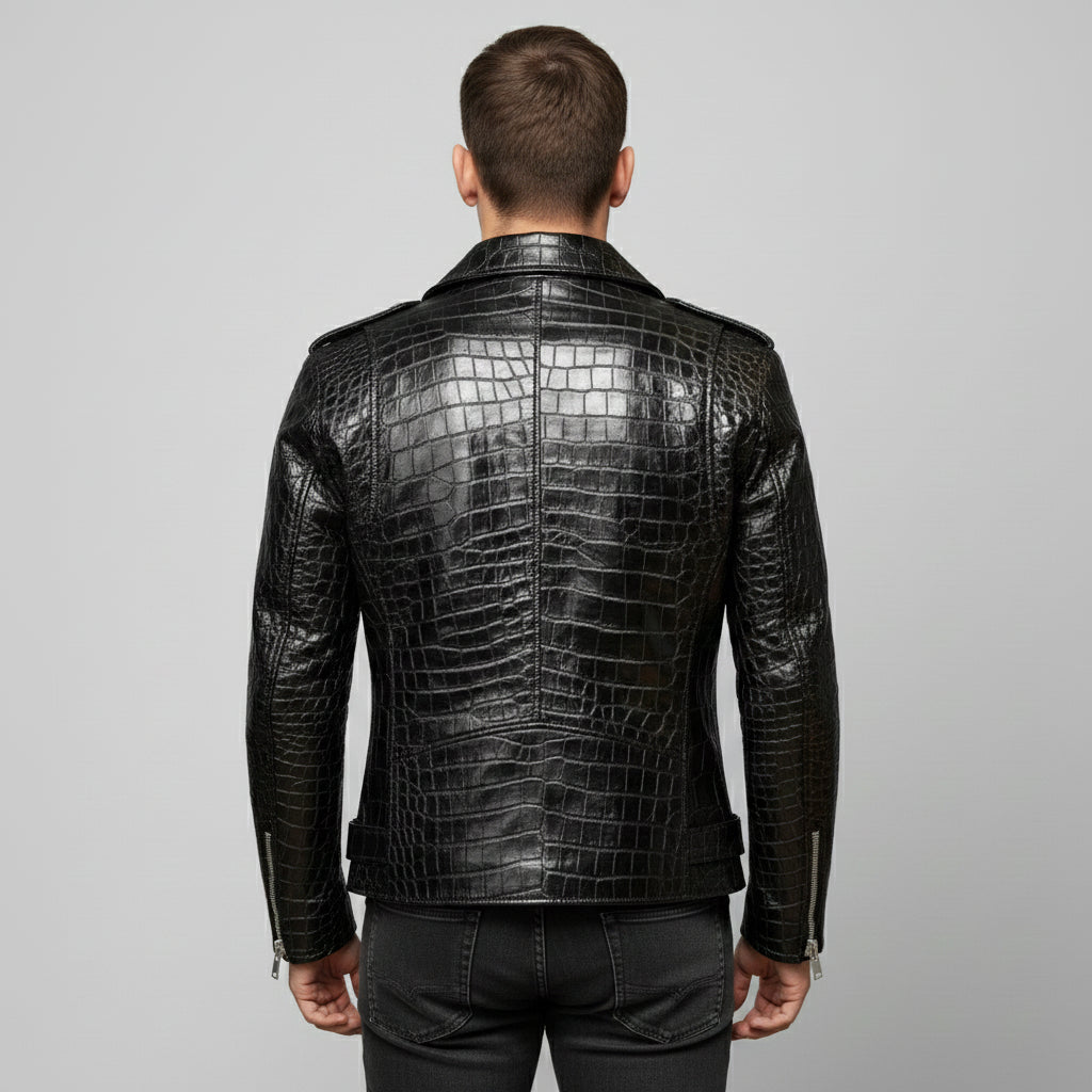 Handmade Men Black Crocodile Biker Leather Jacket,  Motorcycle Jacket