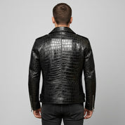 Handmade Men Black Crocodile Biker Leather Jacket,  Motorcycle Jacket