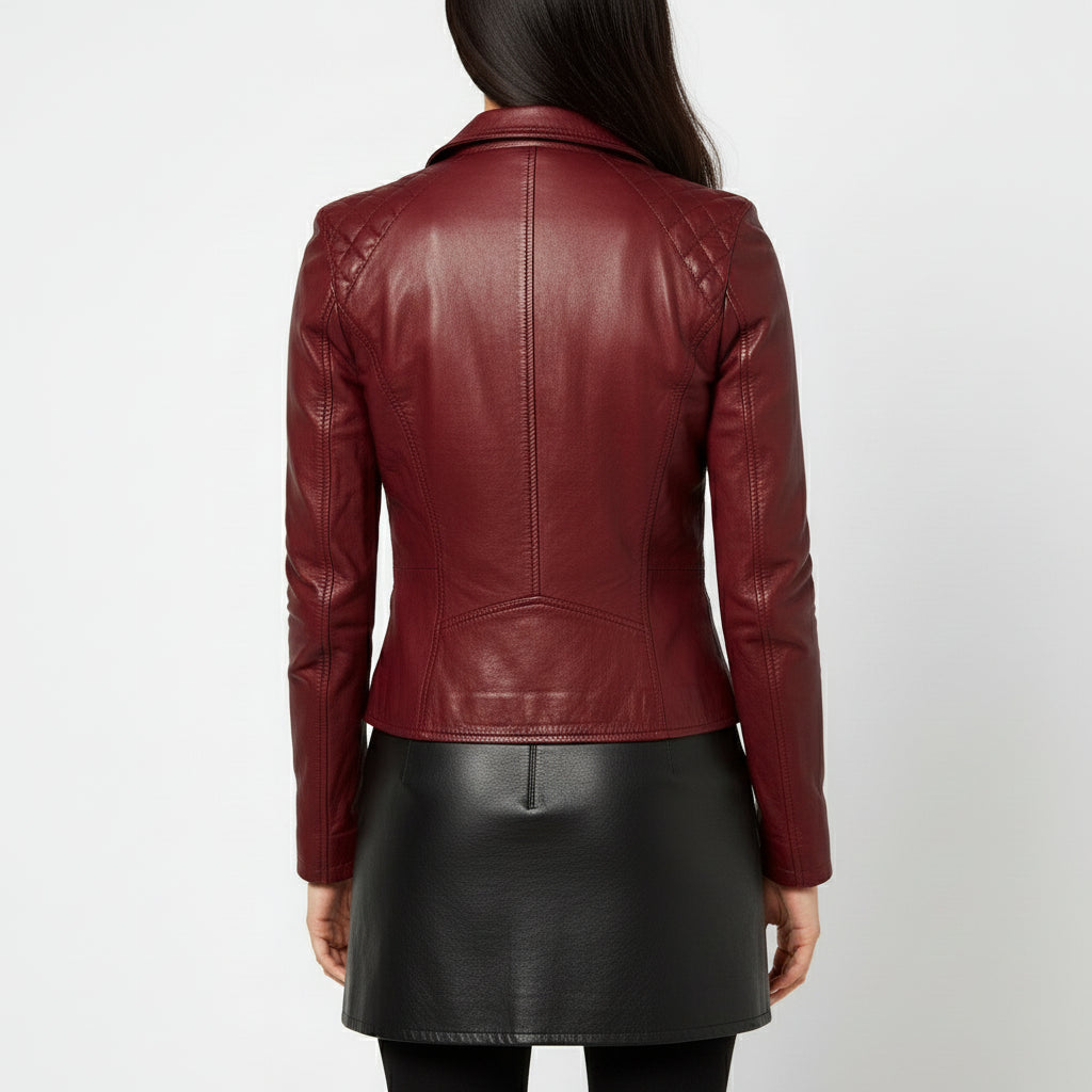 Women's Maroon Front Zip Biker Leather Jacket