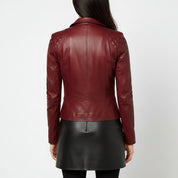 Women's Maroon Front Zip Biker Leather Jacket