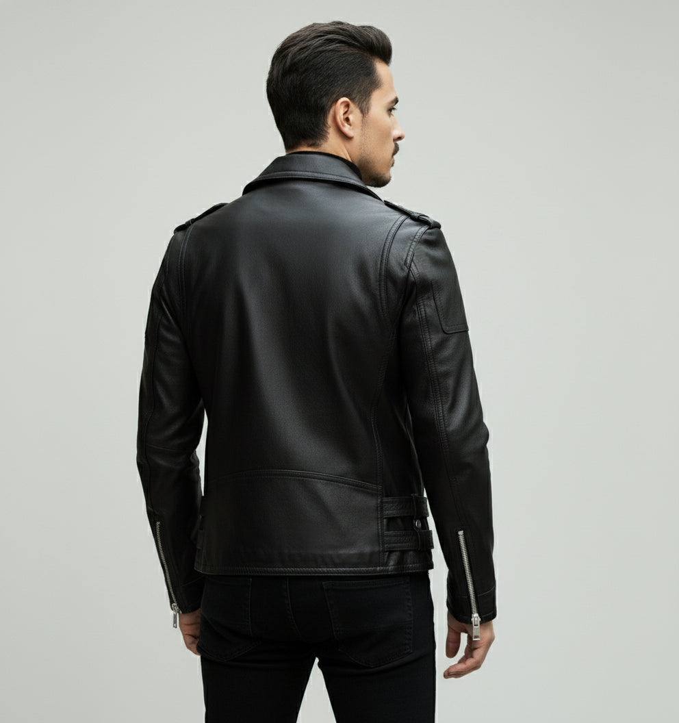 Handmade Men Black Multi Pocktes Biker Leather Jacket, Black Motorcycle Jacket