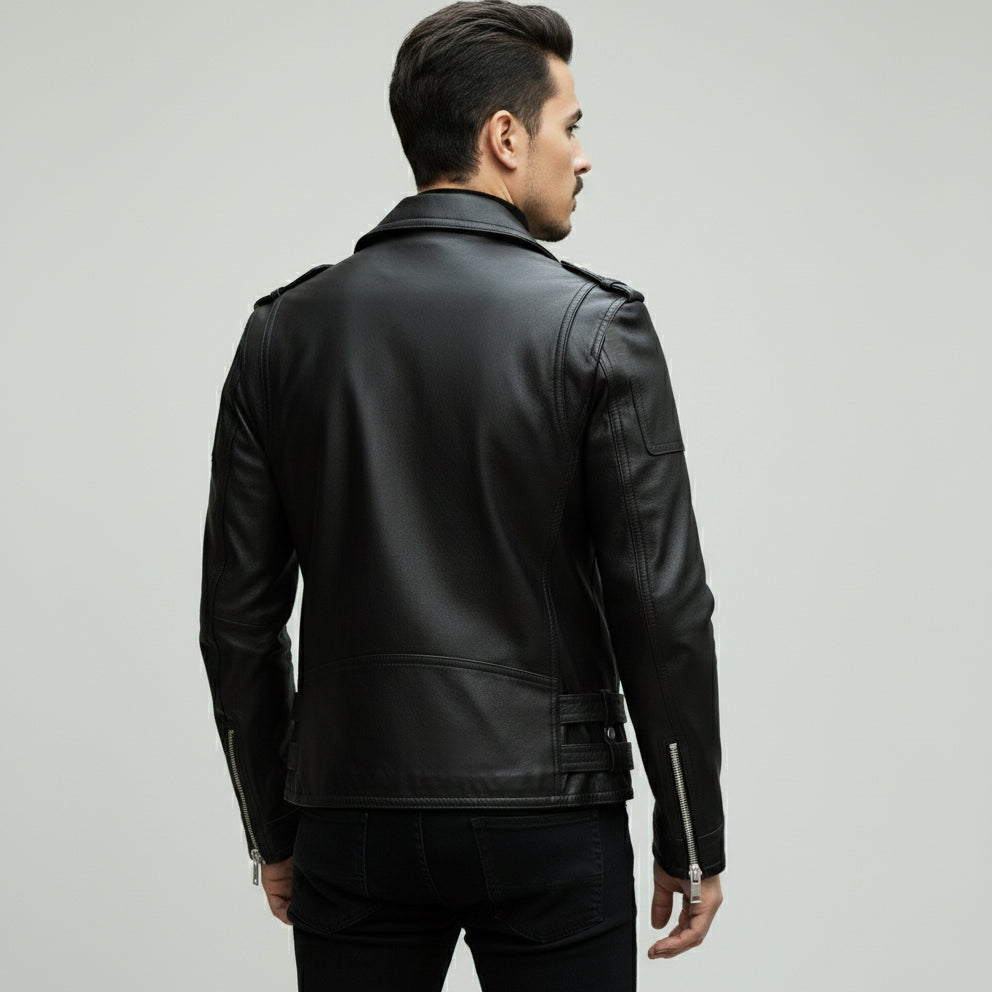 Handmade Men Black Multi Pocktes Biker Leather Jacket, Black Motorcycle Jacket