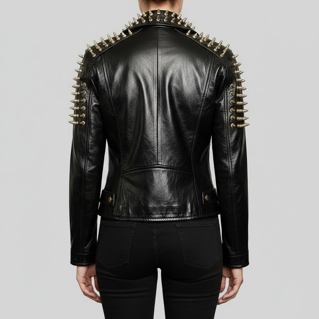 Women's Black Full Golden Spiked Studded Brando Leather Jacket