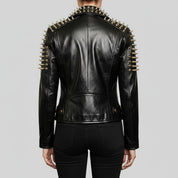 Women's Black Full Golden Spiked Studded Brando Leather Jacket