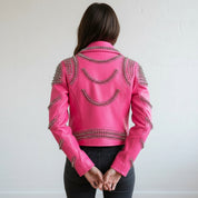Handmade Women Pink Punk Style Jacket, Leather Gothic Rivet Rock Jacket