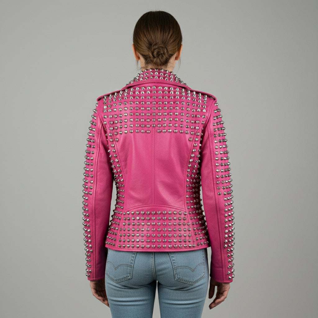Women's Handmade Gothic Pink Studded Leather Jacket