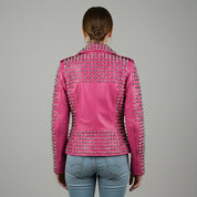 Women's Handmade Gothic Pink Studded Leather Jacket