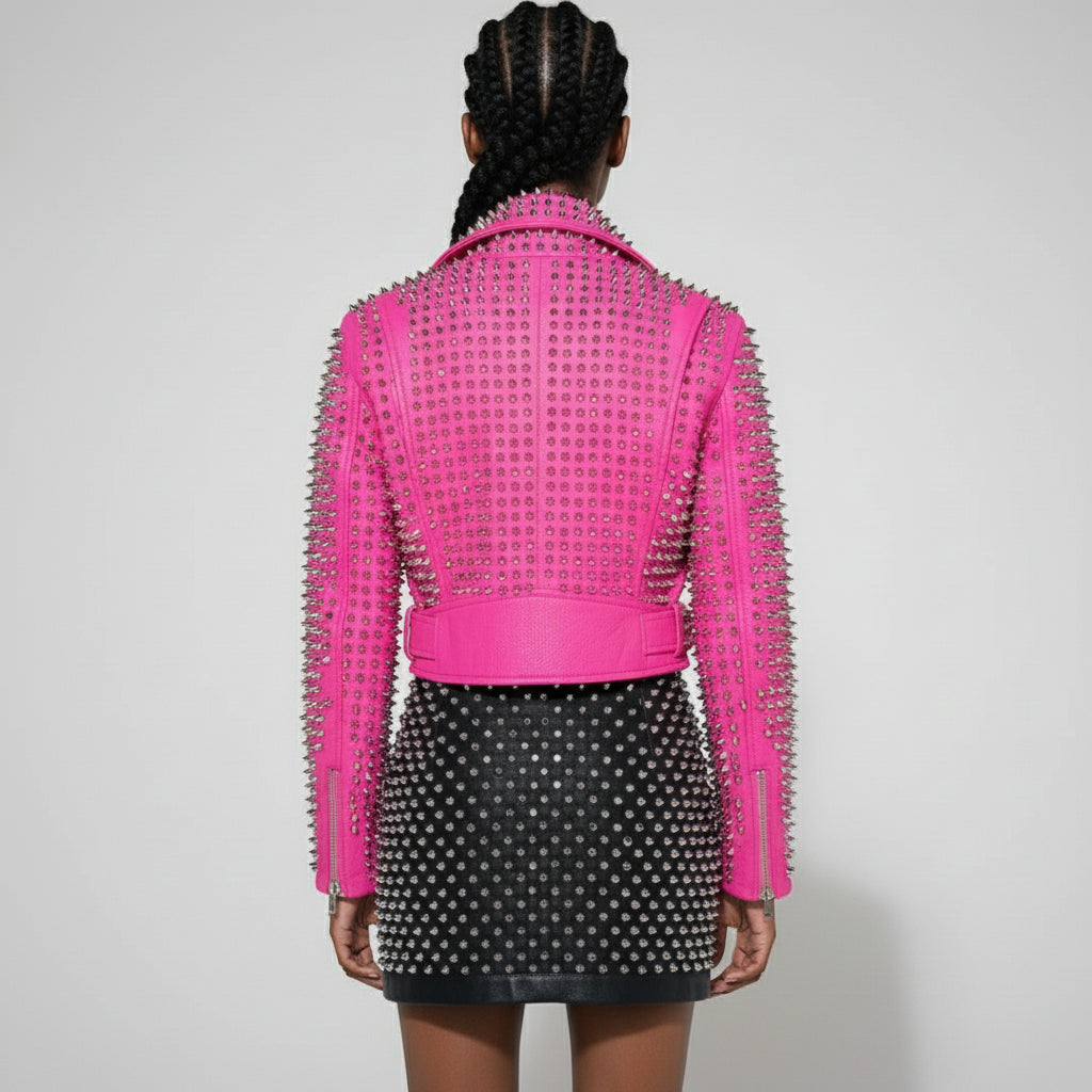 Women's Hot Pink Studded Full-Grain Leather Moto Jacket