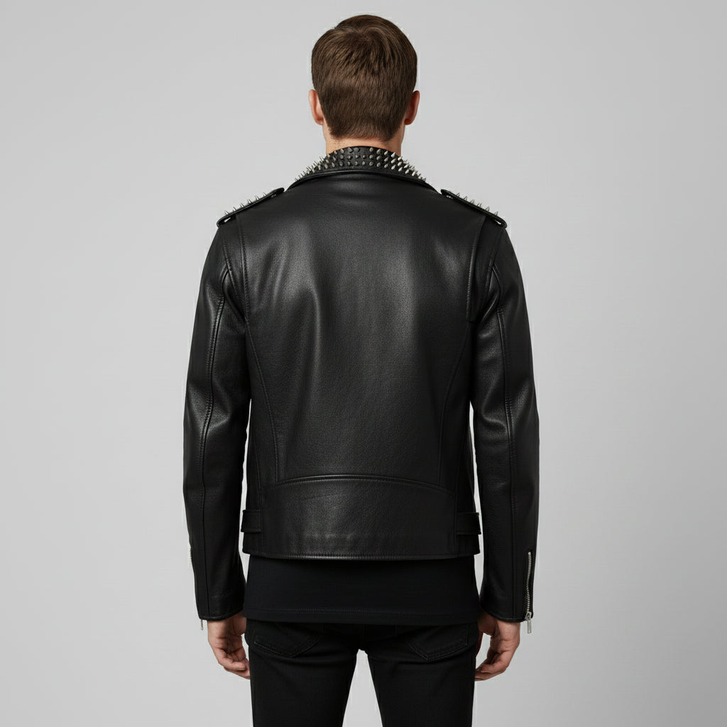 Men's Black Studded Biker Full-Grain Leather Jacket