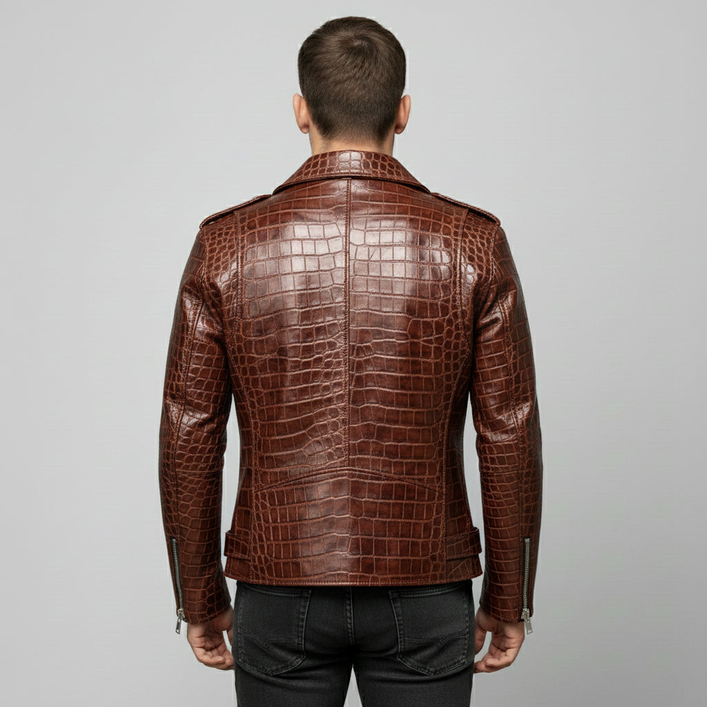 Men's Cognac Crocodile Embossed Biker Leather Jacket