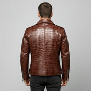 Men's Cognac Crocodile Embossed Biker Leather Jacket