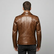 Men's Brown Crocodile Embossed Biker Leather Jacket
