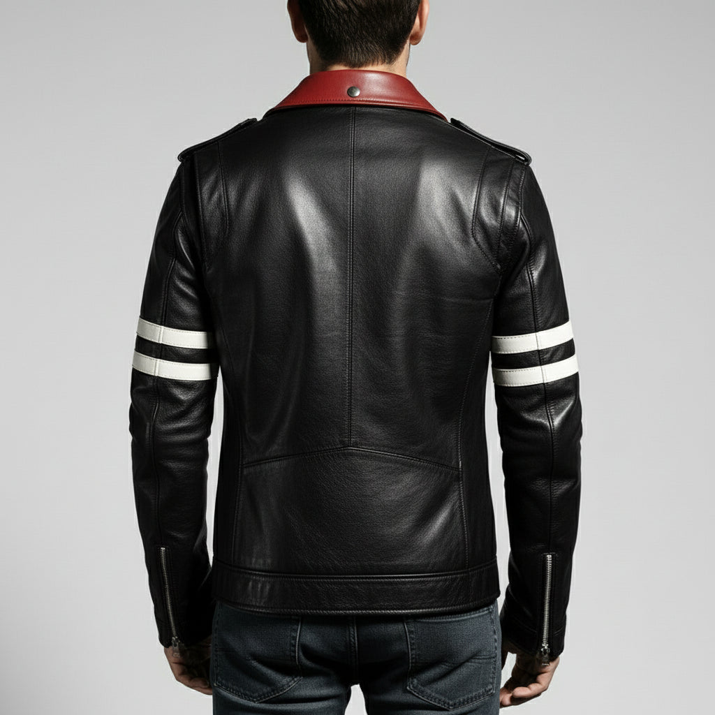 Men's Black Embroidered Full-Grain Leather Biker Jacket