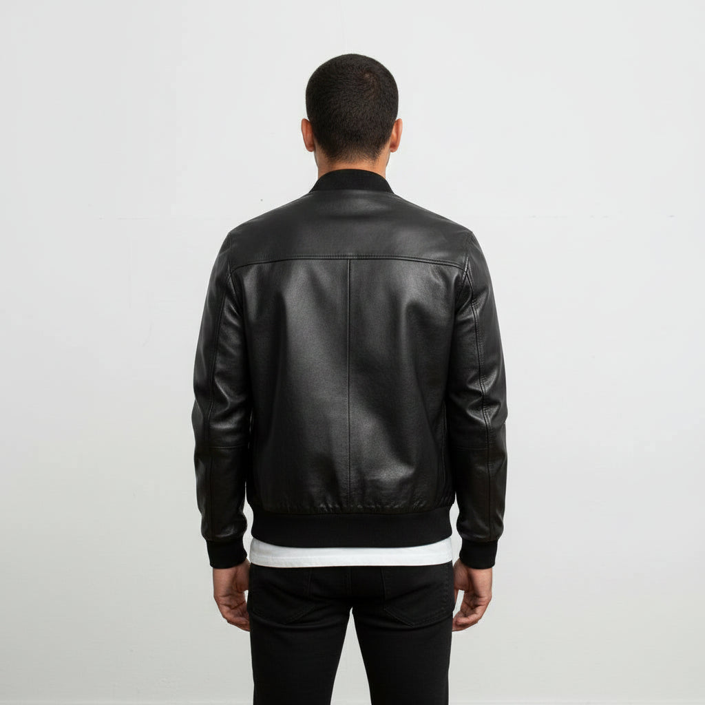 Men's Black Leather Bomber Jacket