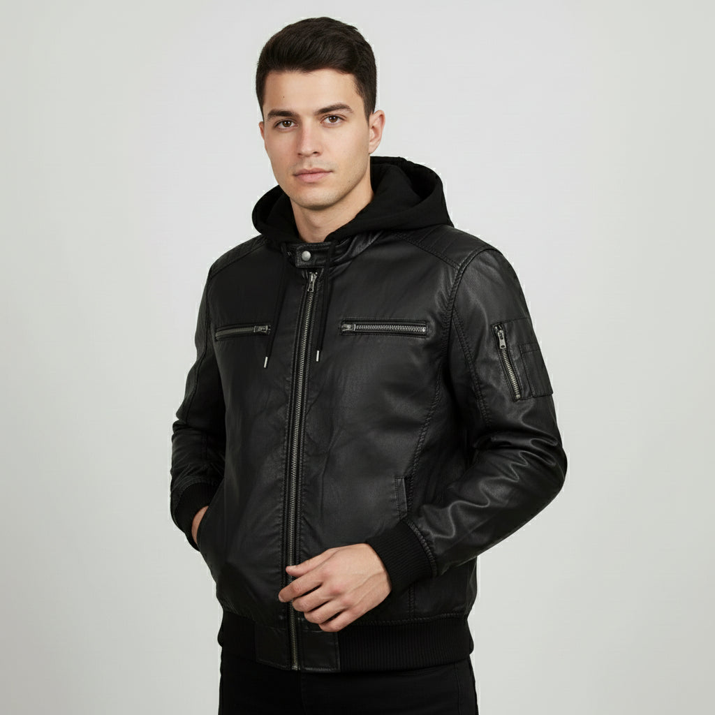 Men's Black Fabric Hooded Leather Bomber Jacket
