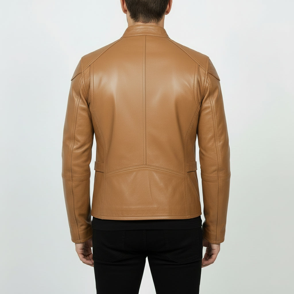 Men's Tan Slim Fit Leather Biker Jacket