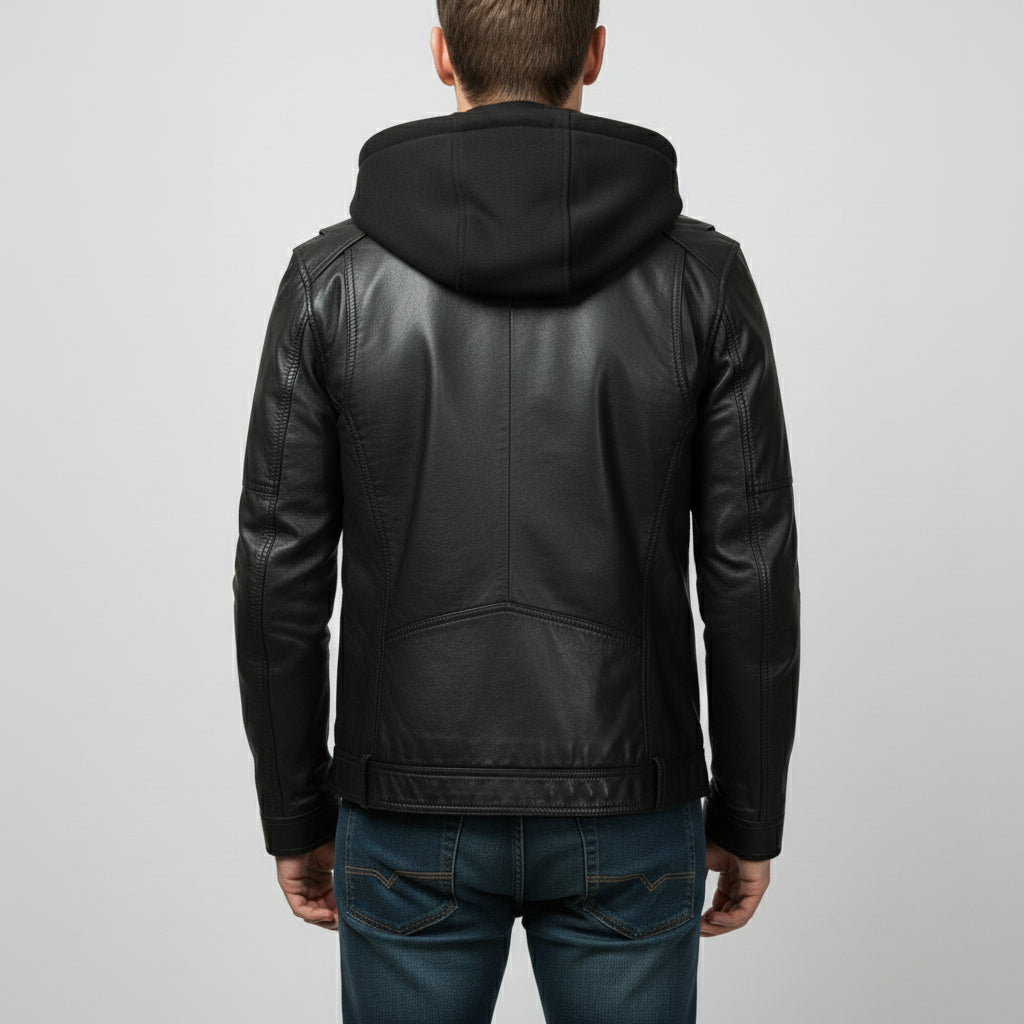 Men's Black Hooded Leather Biker Jacket