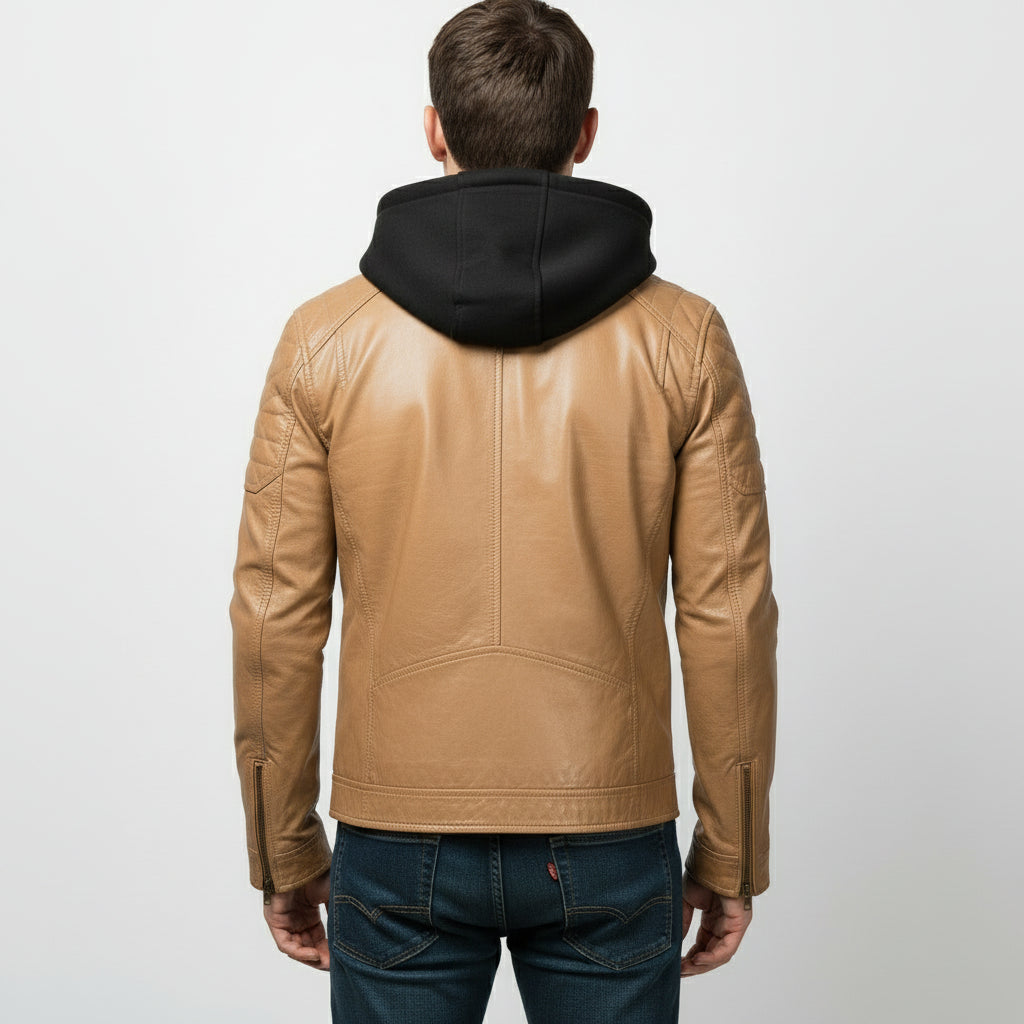 Men's Tan Hooded Leather Biker Jacket